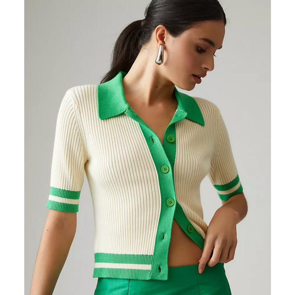 Anthropologie Green & Ivory Colorblock Polo Cardigan Sweater Top Small